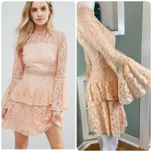 John Zack! Zack Petites Lace Bell Sleeve Dress Peach Tiered XSmall XS Mod Sheer